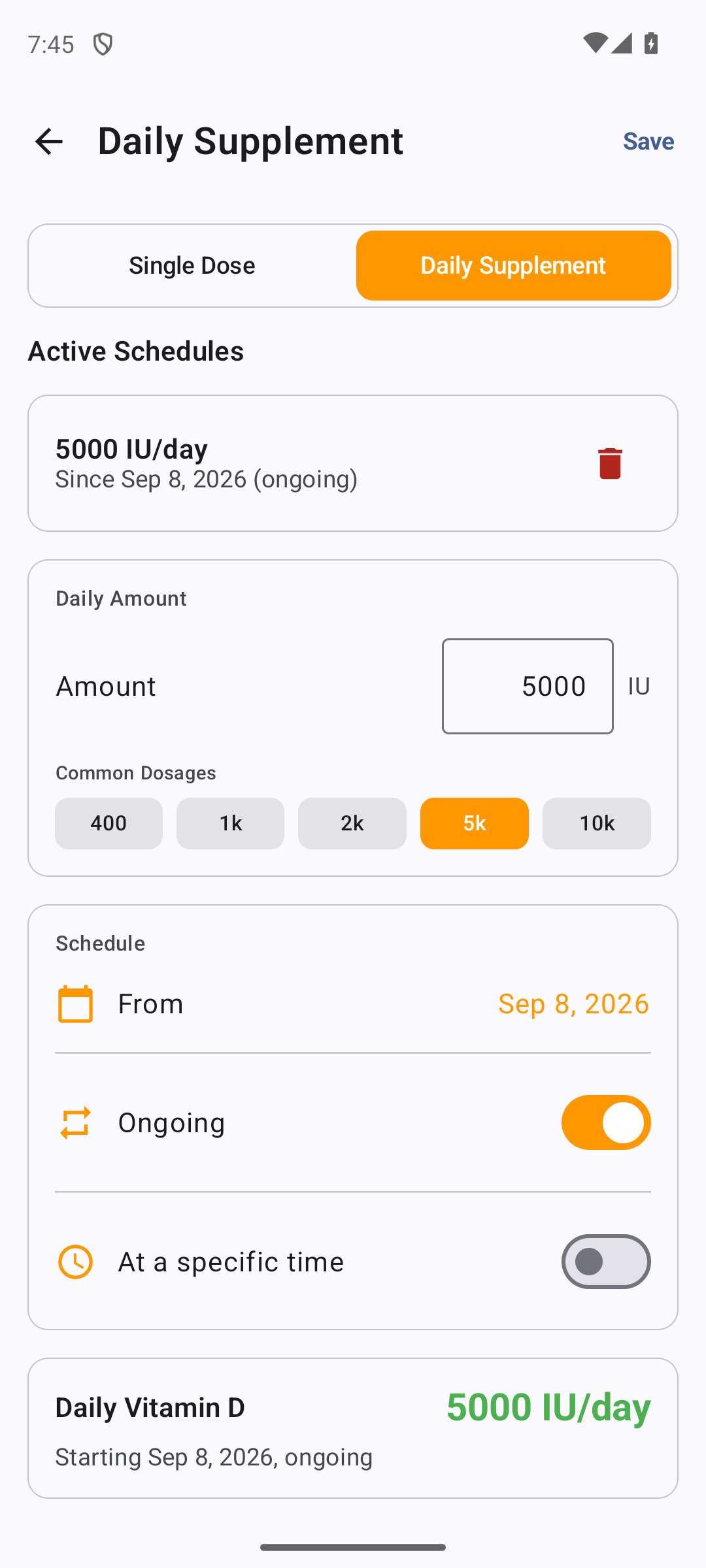 Settings, Daily Supplements on Android showing an active recurring schedule with a delete control