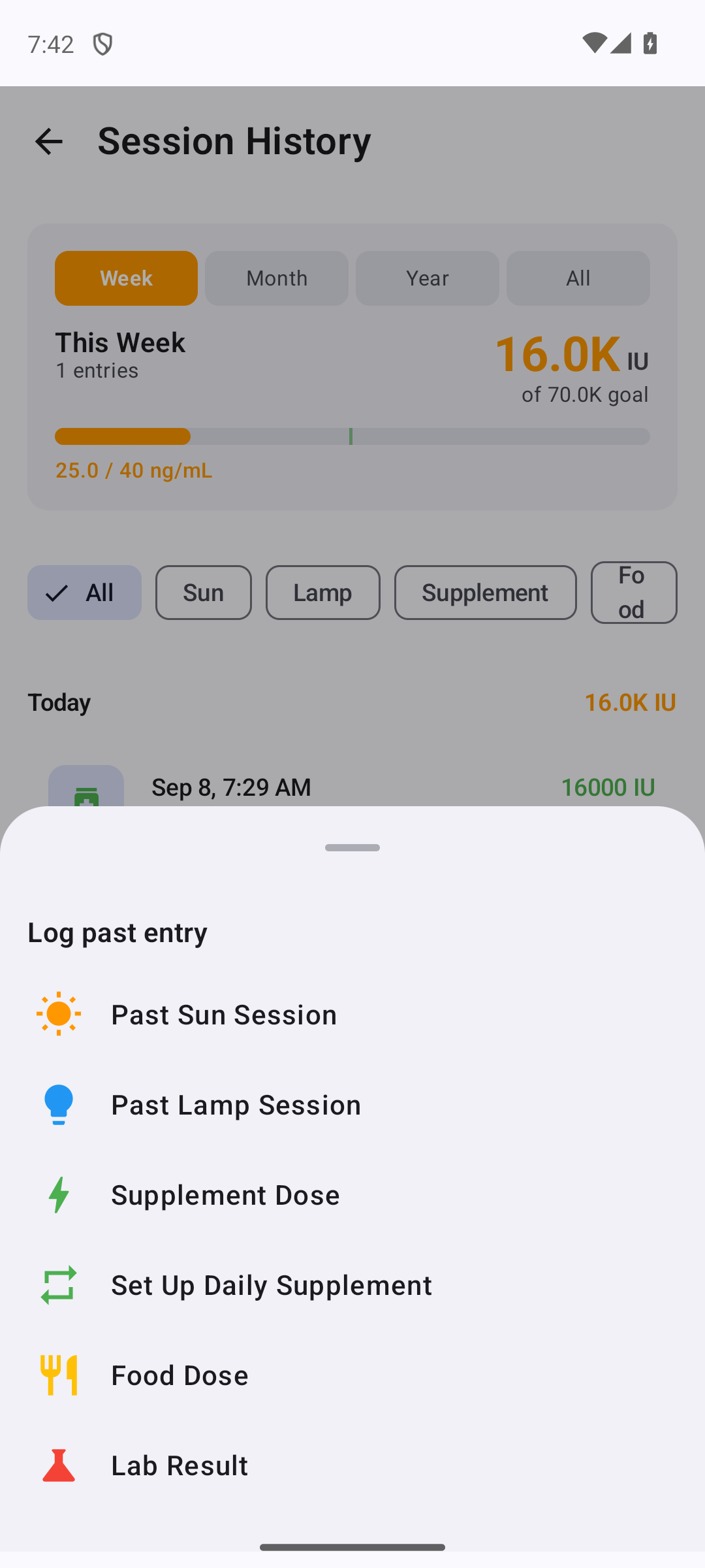 History add menu on Android listing Supplement Dose and Set Up Daily Supplement as two separate items