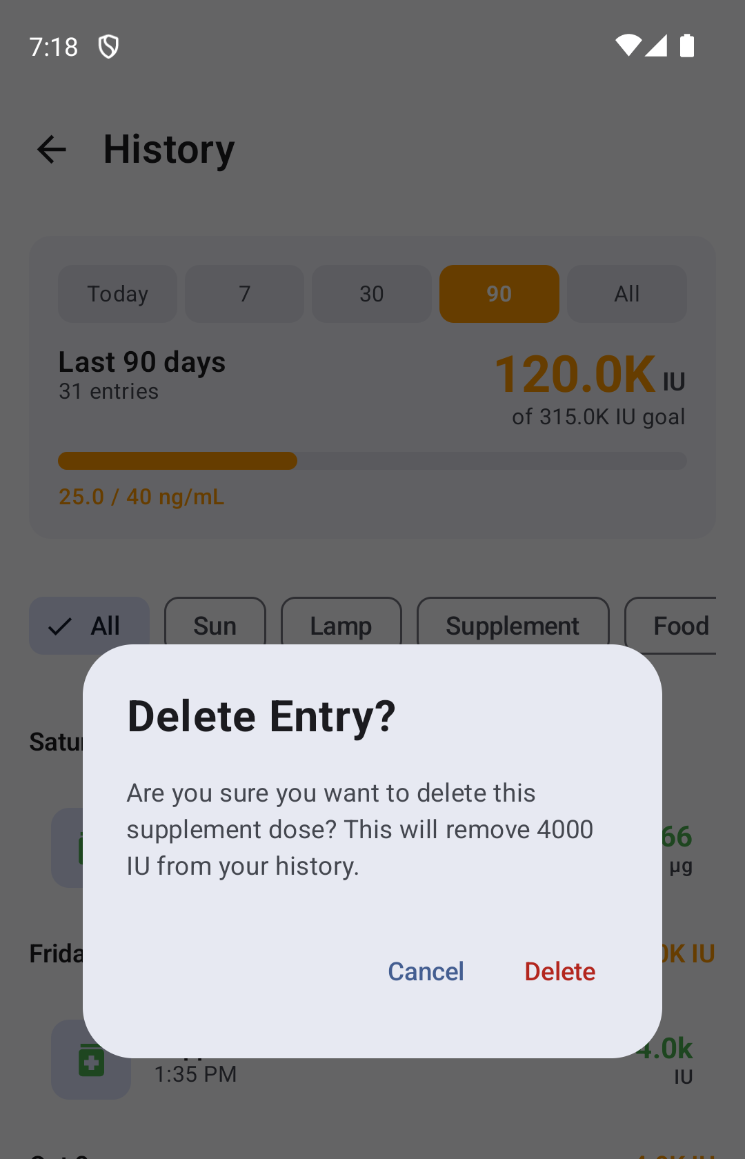 Android Delete Entry confirmation for a 4,000 IU supplement dose