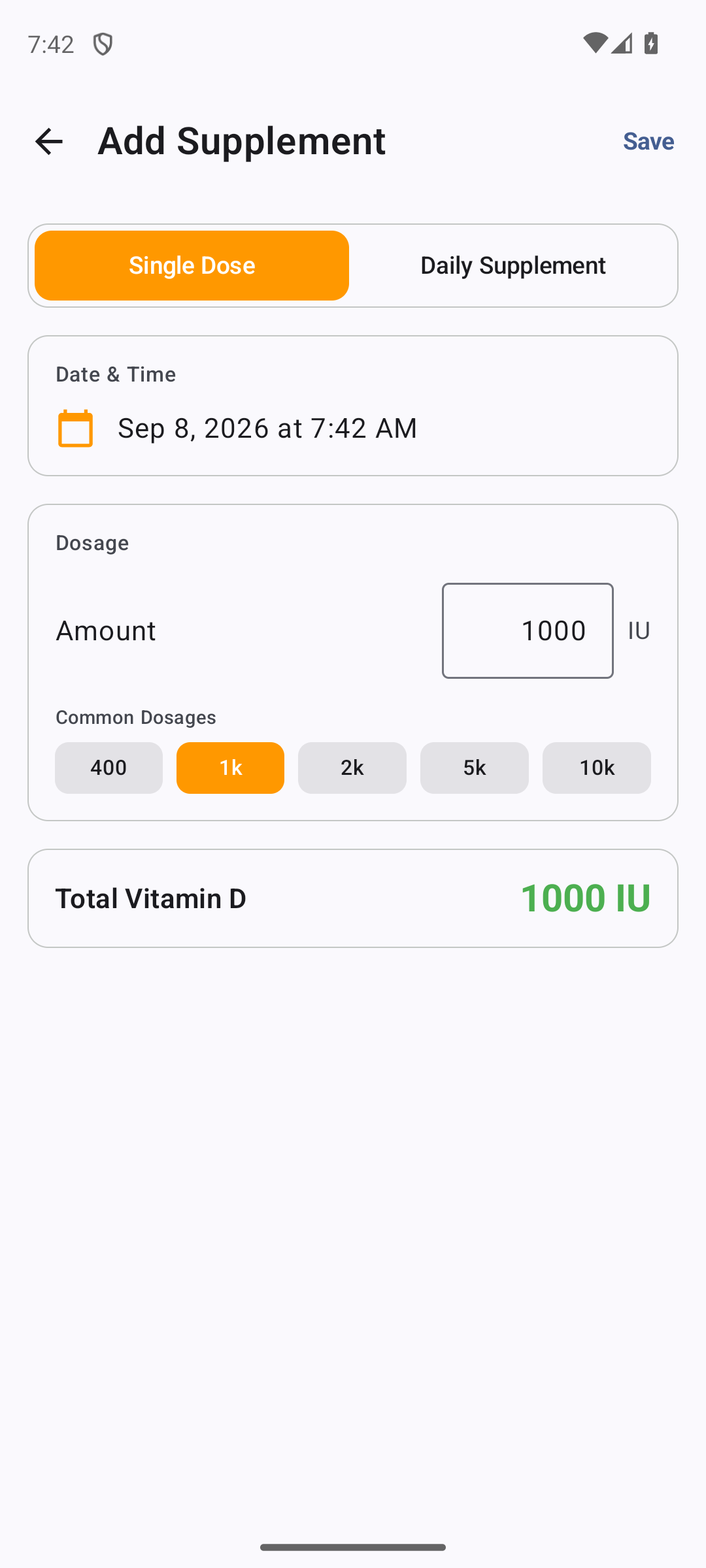 One-off Supplement Dose form on Android with the Single Dose tab selected