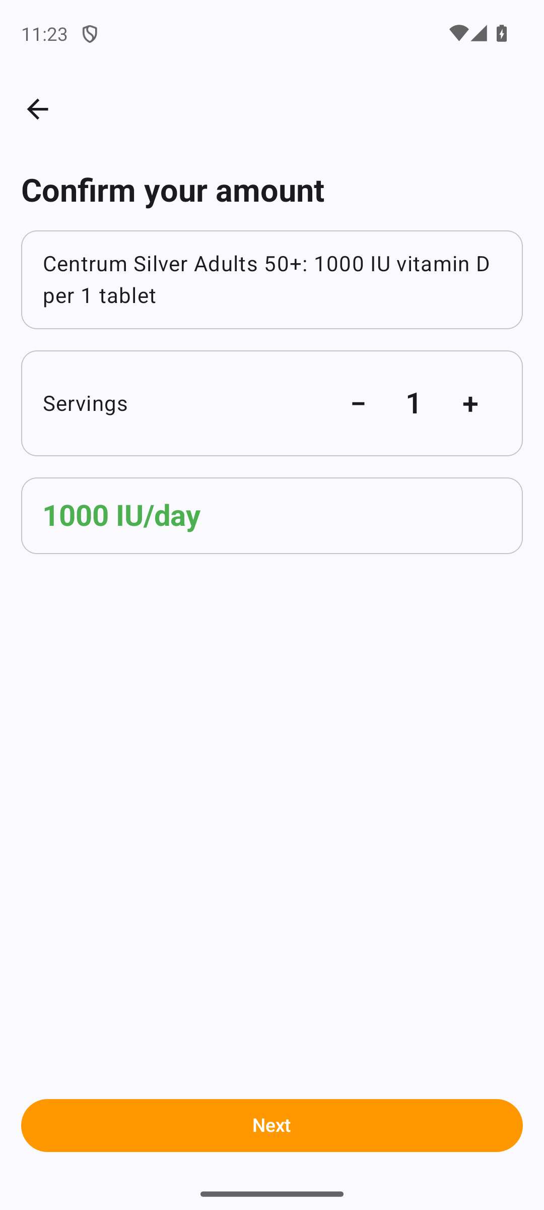 Amount confirmation on Android: servings times IU per serving