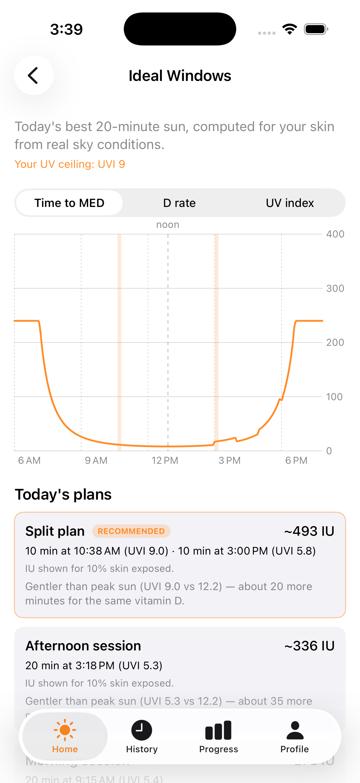 Ideal Windows detail page with day chart and session plans