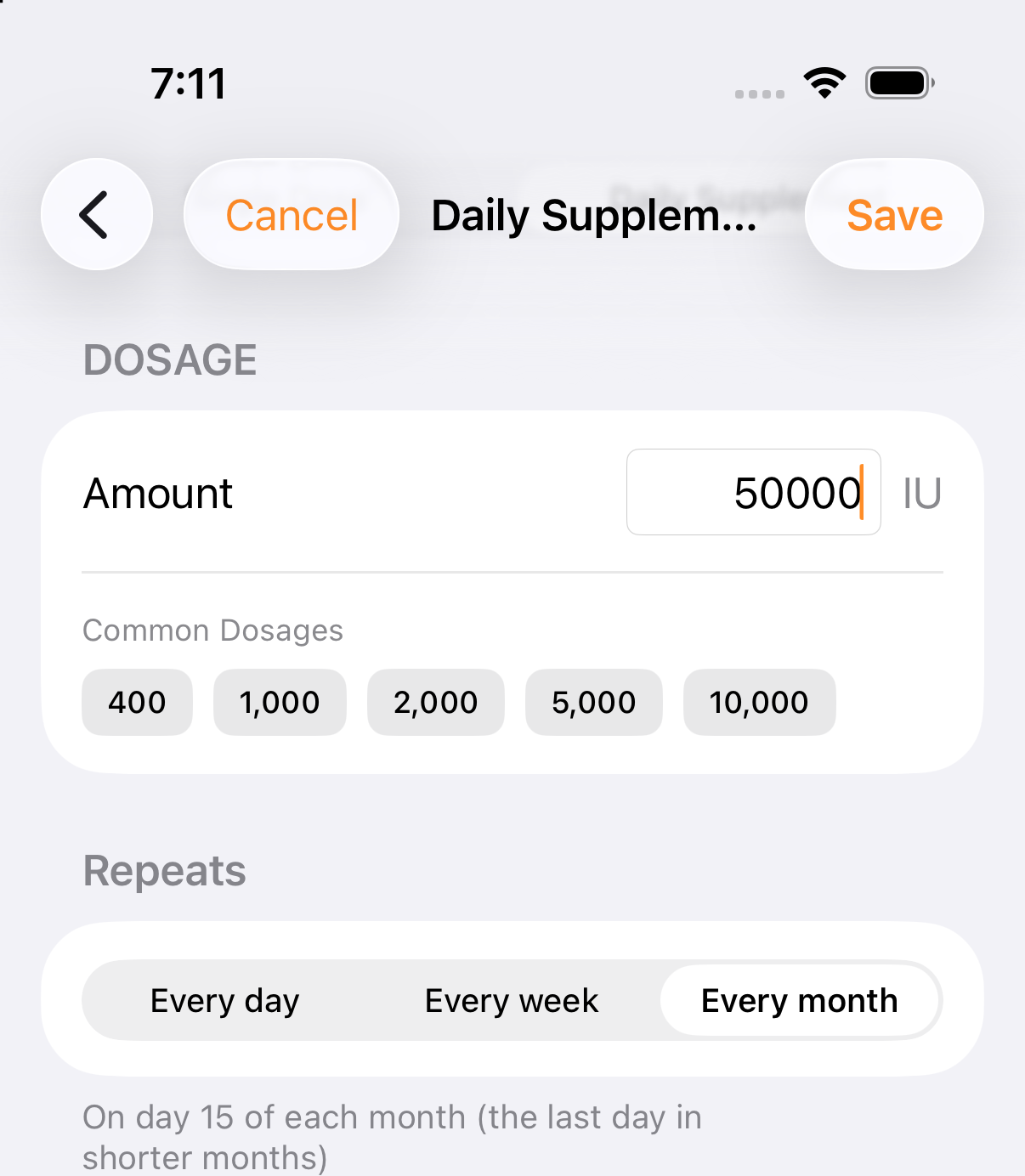 iPhone schedule form with Repeats set to Every month, On day 15 of each month
