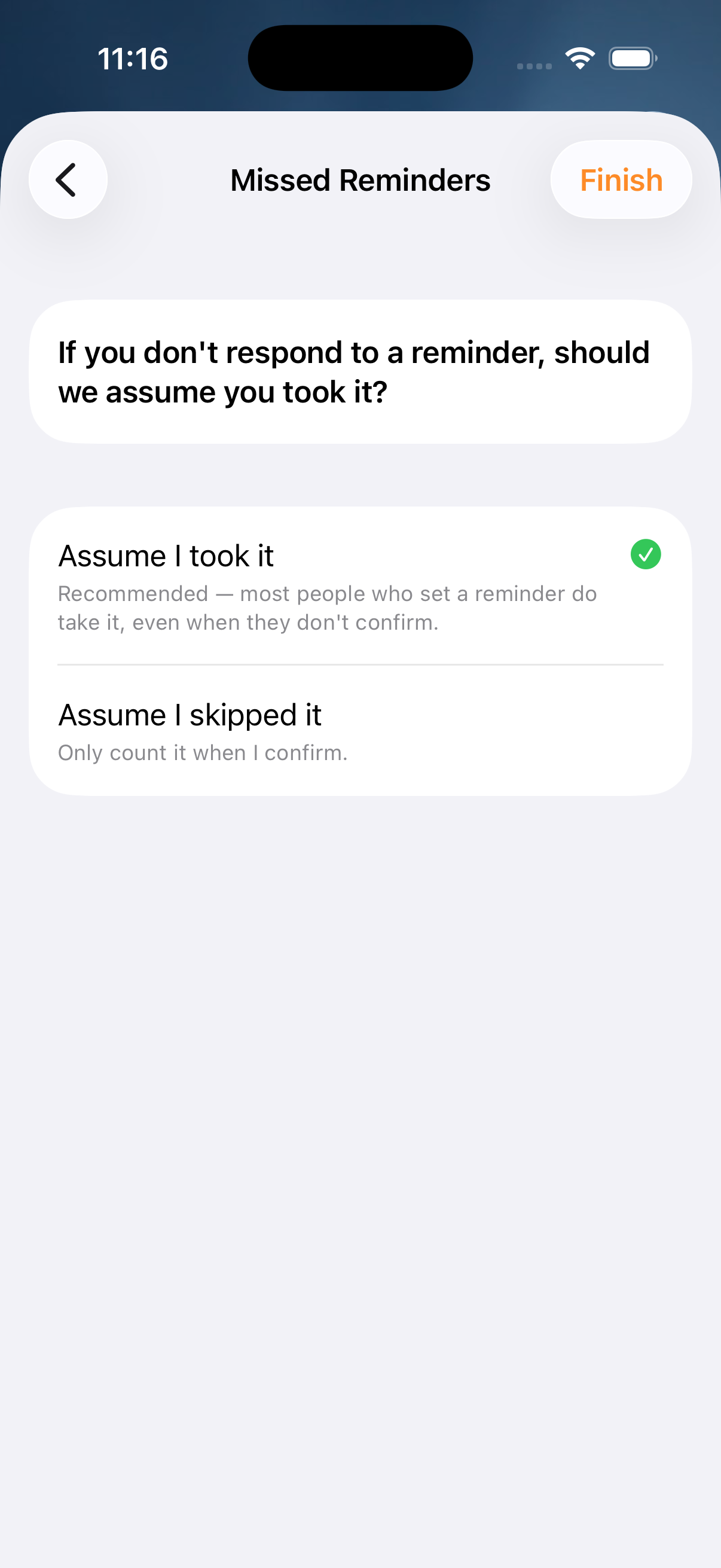Missed reminders step on iOS: should an unanswered reminder count as taken?