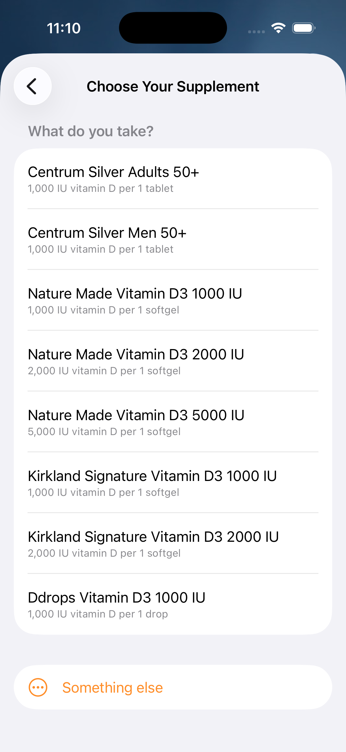 Product picker on iOS listing Centrum Silver, Nature Made, Kirkland with IU per serving