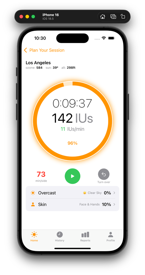 dminder timer showing active sun session with IU tracking