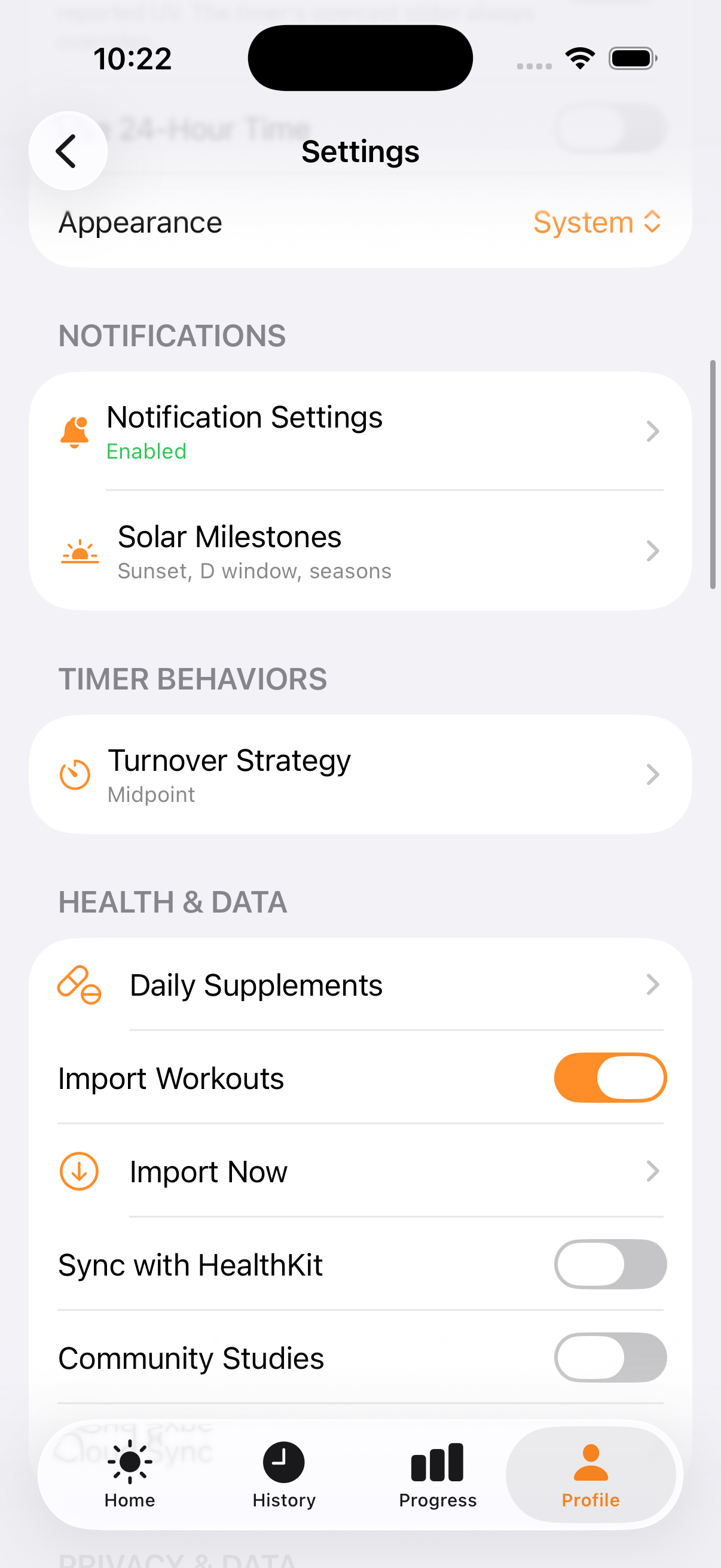 Settings screen with Import Workouts toggle on and Import Now row visible underneath