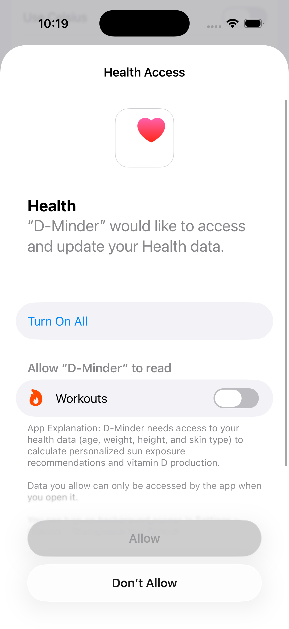 iOS Health Access permission sheet asking to allow D-Minder to read Workouts