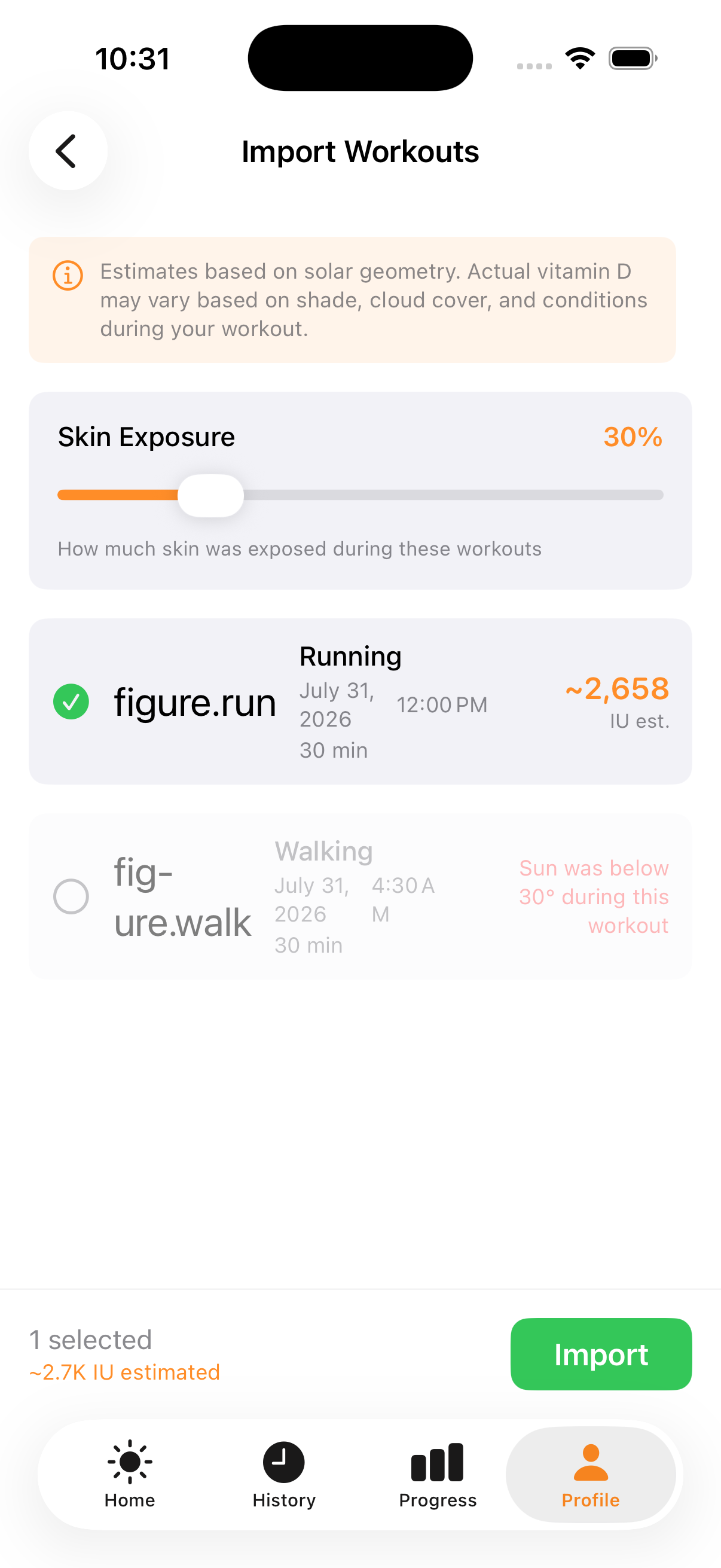 Import Workouts screen showing an eligible 30-minute run auto-selected at about 2,658 IU and an ineligible pre-dawn walk marked with its reason
